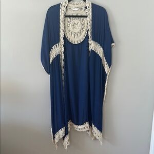 Free People Kimono OS Blue with Cream Crochet Trim
